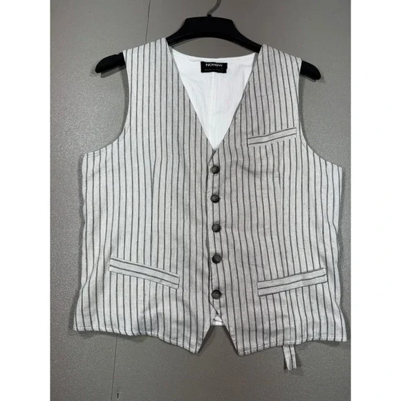 NOHOW Mens Striped Linen Blend Waistcoat Vest Made in Italy White Tan TG 48 - Picture 1 of 8